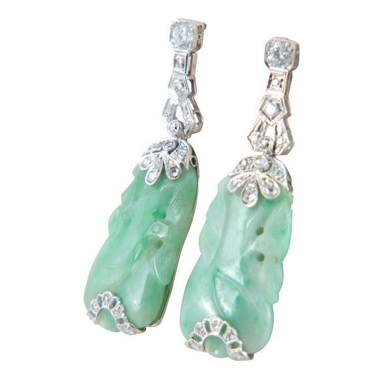 Art Deco Platinum Antique Carved Jade and Diamond Earrings
