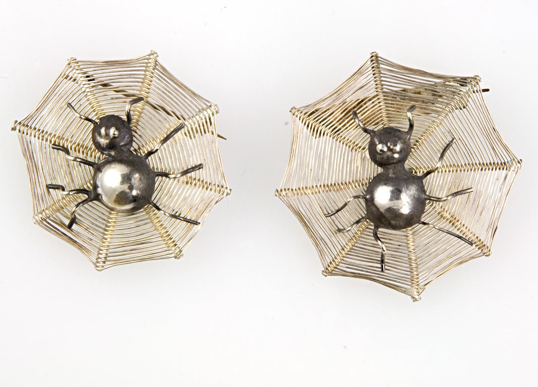 A Pair of Sterling Silver Spider and Web Pins 4