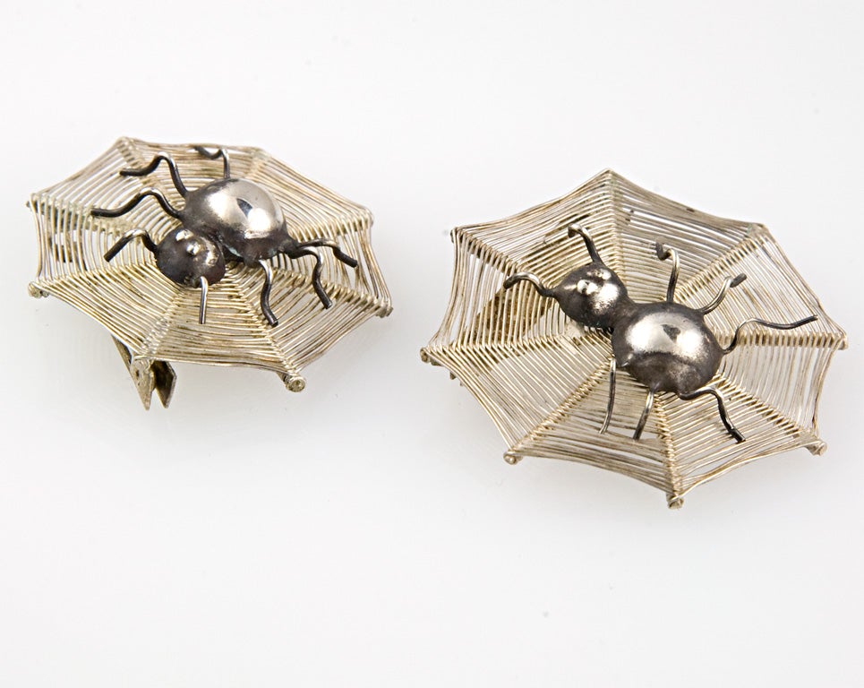 A Pair of Sterling Silver Spider and Web Pins 2