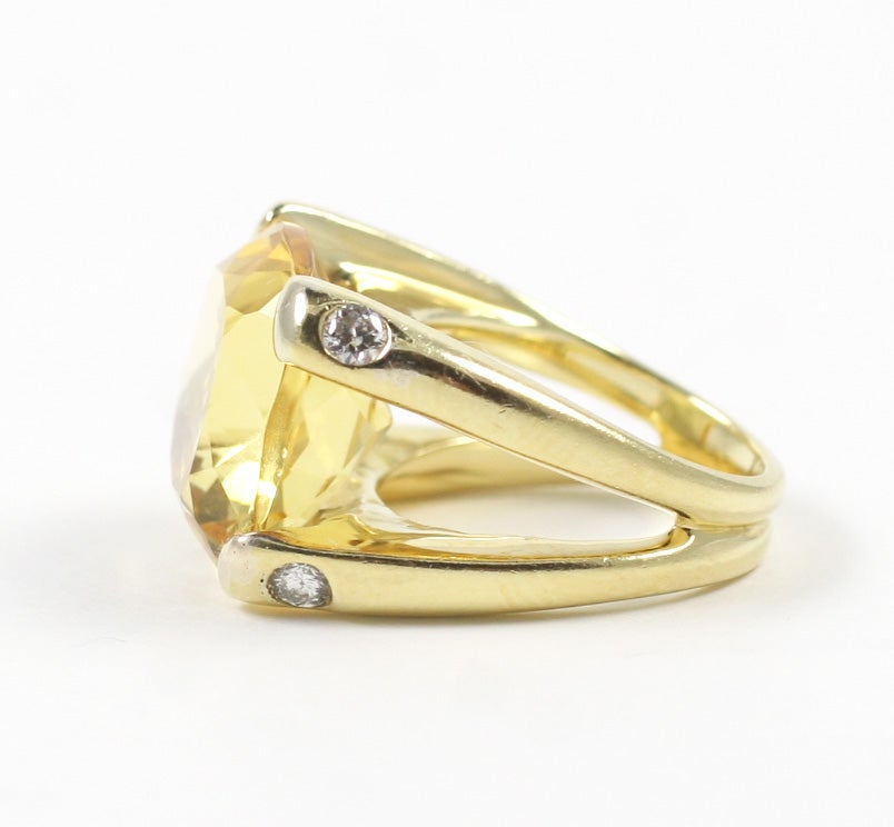 Contemporary 18kt  15mm Cushion Citrine and diamond Cushion RIng For Sale