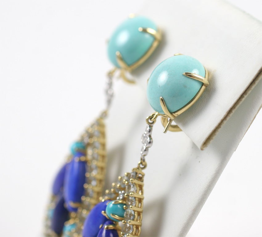 18kt Yellow Gold Turquoise, Lapis and Diamond Drop Earirng