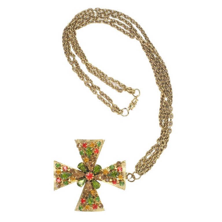 "Gold" Jeweled Maltese Cross Necklace, Costume Jewelry