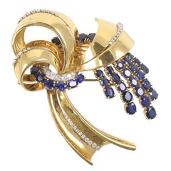 18K Yellow Gold Sapphire & Diamond Retro Brooch