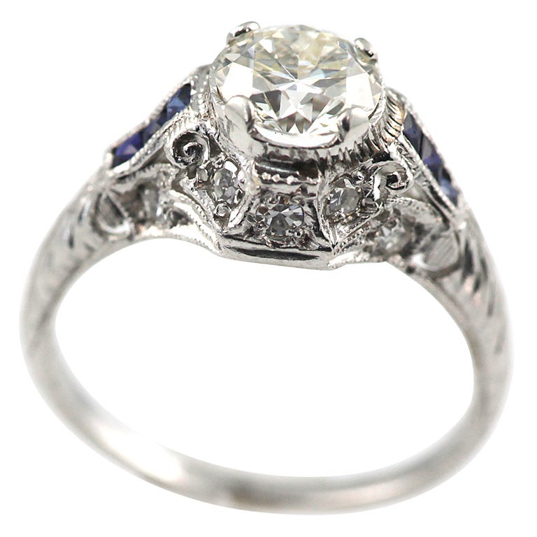 1.10 JVS1 vintge European cut diamond set in a Platinum vintage deco ring.