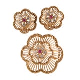 Retro 18k Ruby and Diamond Brooch and Earrings, French