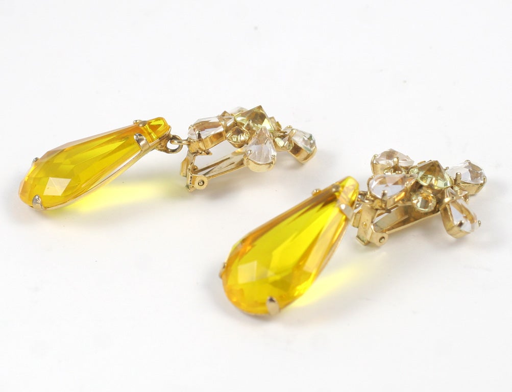Large lemon color pear shape drop earrings with a cluster of clear pear and round rhinestones.