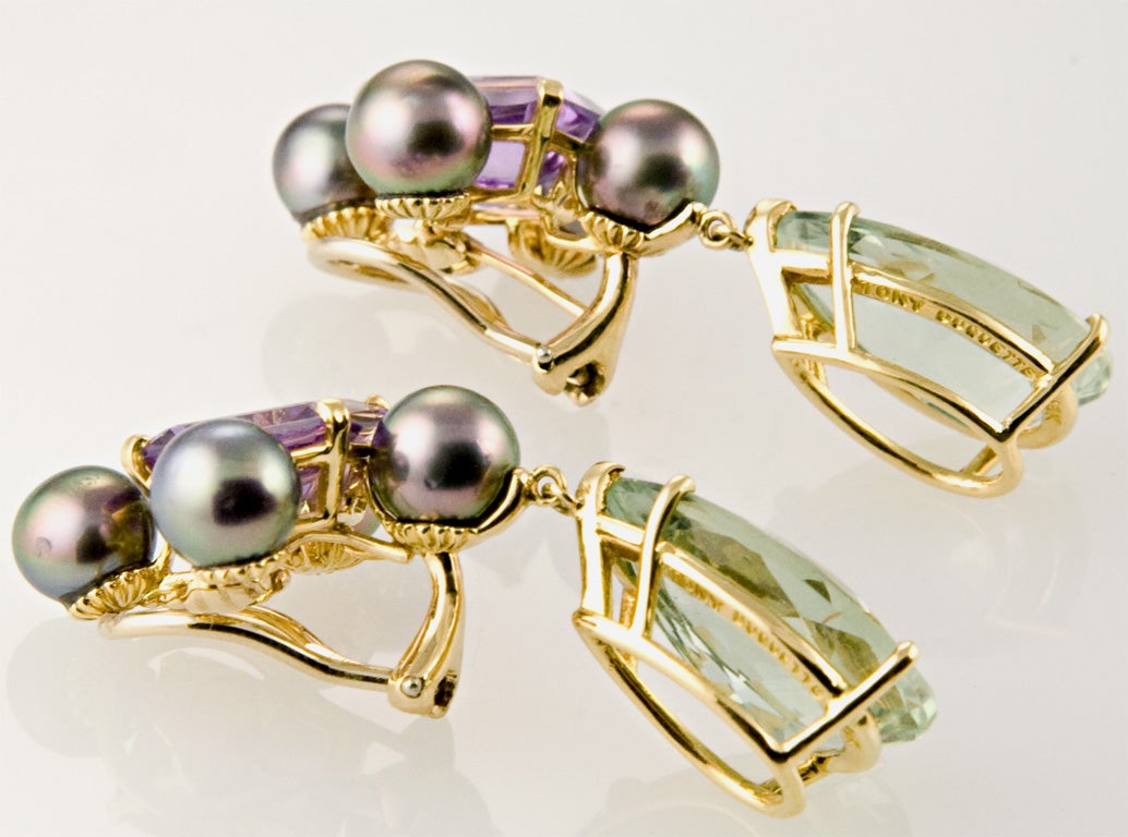 Amethyst, Green Amethyst and Black Pearl Earring 2