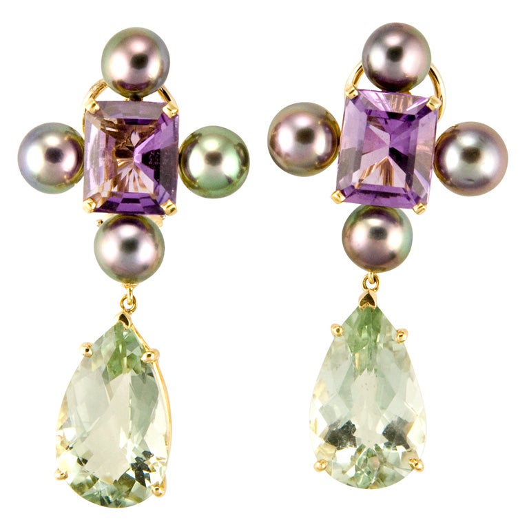 Amethyst, Green Amethyst and Black Pearl Earring