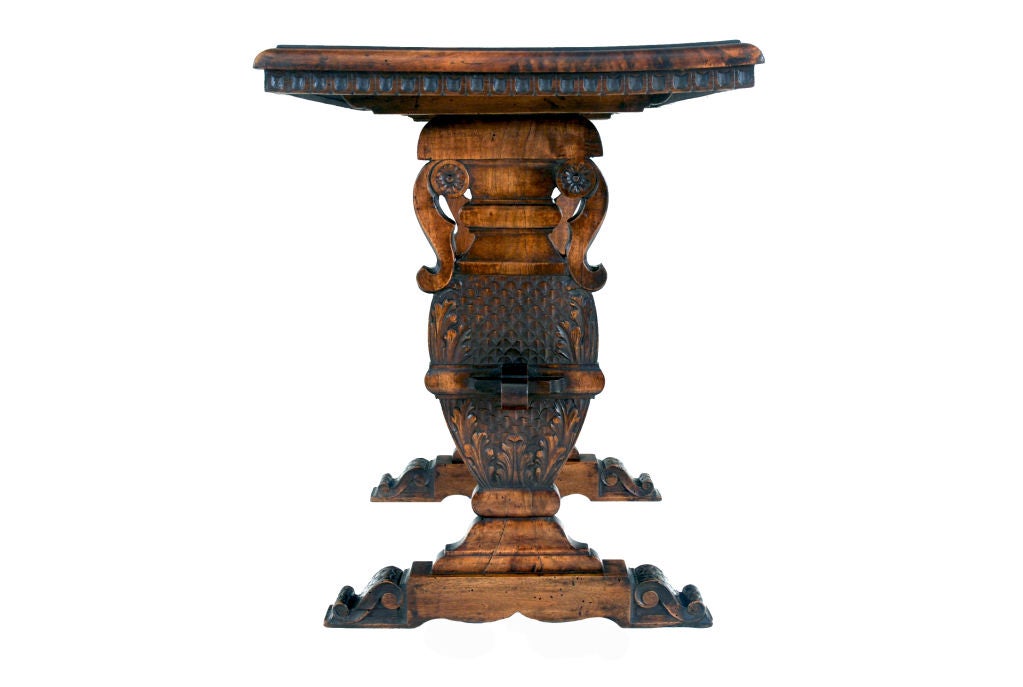 20th Century Italian Renaissance Style Walnut and Inlaid Trestle Side Table
