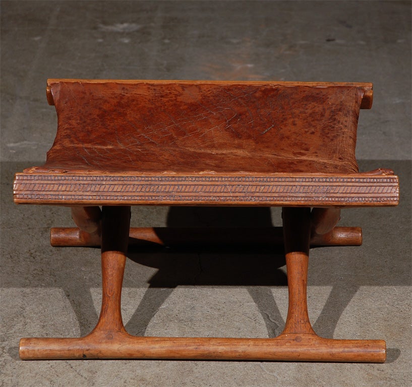 19th century rare wood Scandinavian leather folding stool
