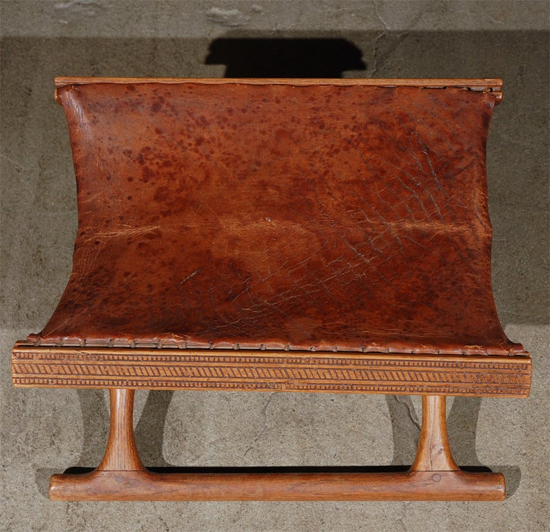 Rare Wood Scandinavian Leather Folding Stool 3