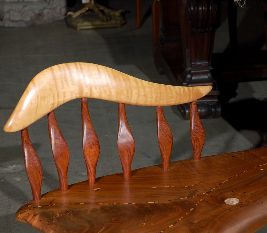 Steven Spiro craft small bench with mother of pearl inlaid and exotic wood and slat back