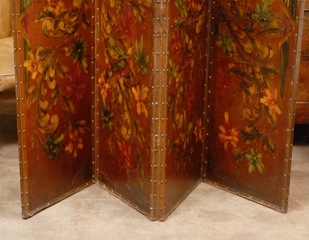 English Leather Screen Painted with Birds and Floral Decoration