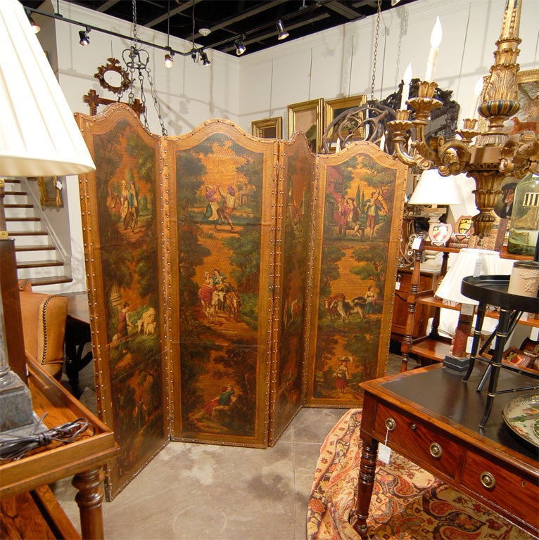 Victorian English 1880s Four-Fold Painted and Gilt Leather Screen with Pastoral Scenes