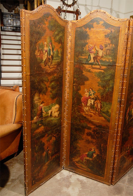English 1880s Four-Fold Painted and Gilt Leather Screen with Pastoral Scenes In Good Condition In Atlanta, GA