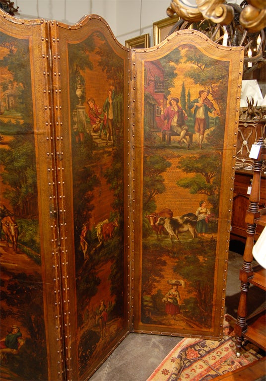 19th Century English 1880s Four-Fold Painted and Gilt Leather Screen with Pastoral Scenes
