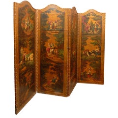 English 1880s Four-Fold Painted and Gilt Leather Screen with Pastoral Scenes