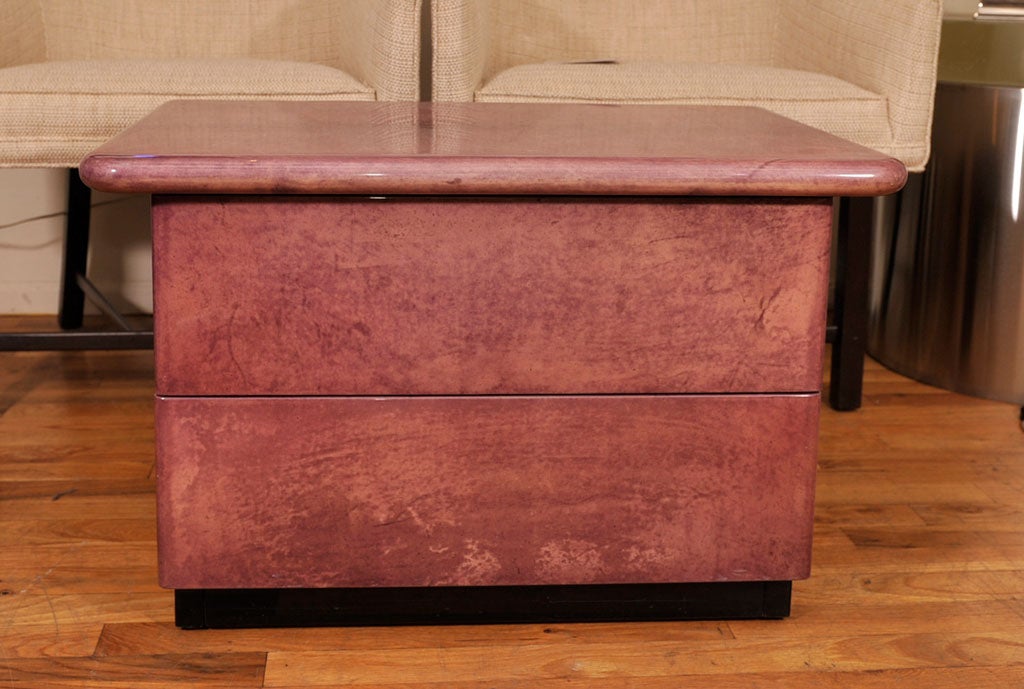 Pair of purple lacquered goatskin side tables by Aldo Tura