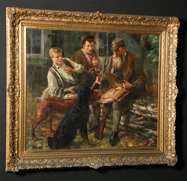 An oil on canvas painting of hunters with their dogs