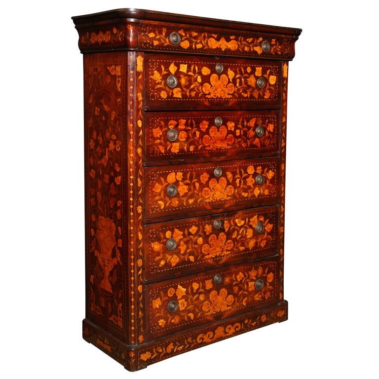 A tall Dutch marquetry chest of drawers For Sale