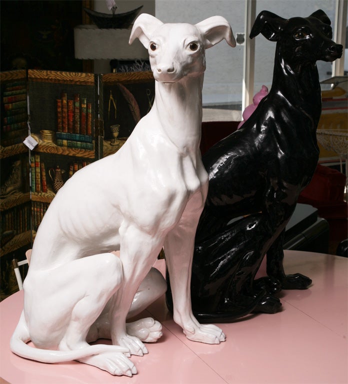 Beautiful lifesized pair of Italian terracotta greyhounds with glass eyes.