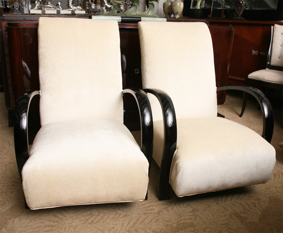 Mid-20th Century Pair French Art Deco High Back Black Lacquer Club Chairs