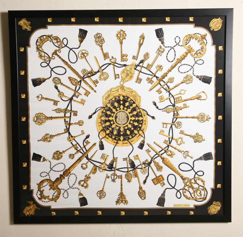 Pair "Les Cles" Framed Hermes Scarves