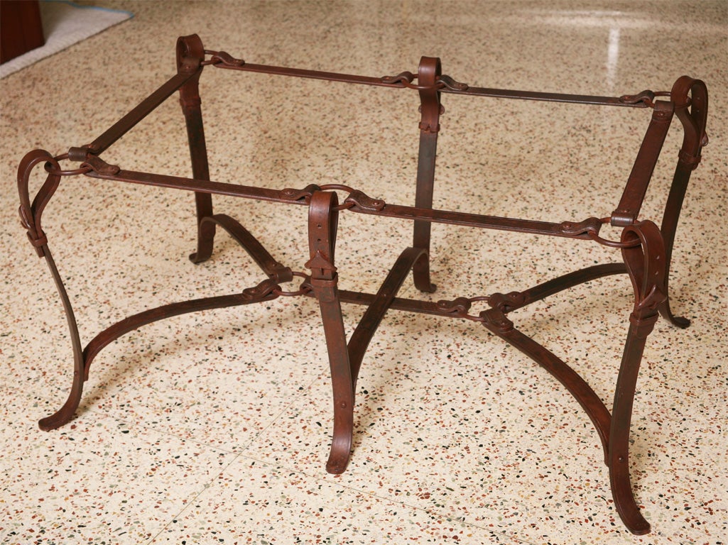 20th Century Rich Hermes Style Faux Leather Wrought Iron Coffee Table