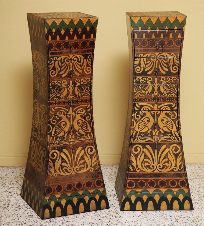 Unusual Tall Hand Painted Pedestal Cabinets