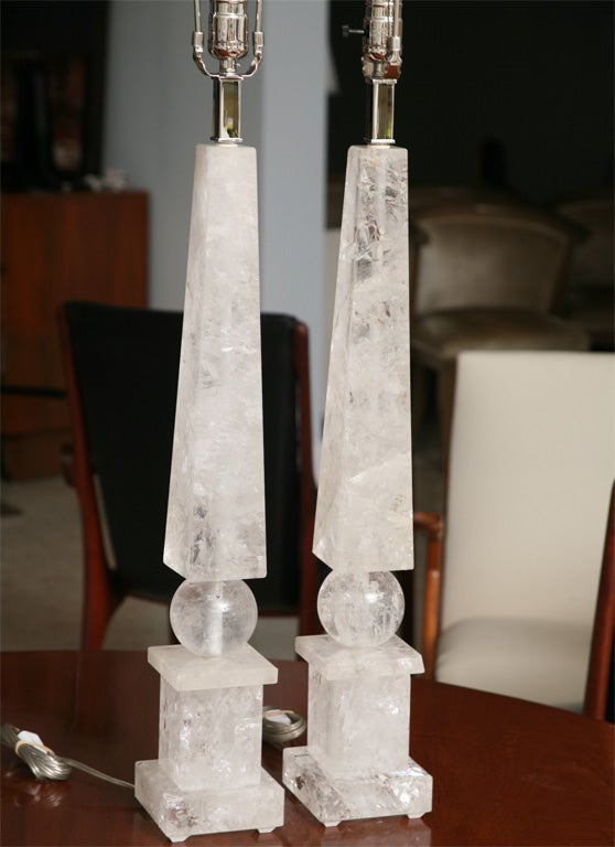 Pair of Rock Crystal Bernini Obelisk Form Lamps For Sale 3