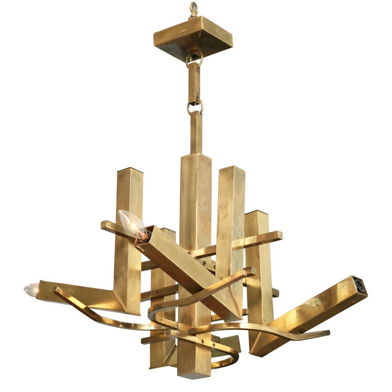 Superb Italian Modern Brass Eight-Light Chandelier, Gaetano Scolari For Sale