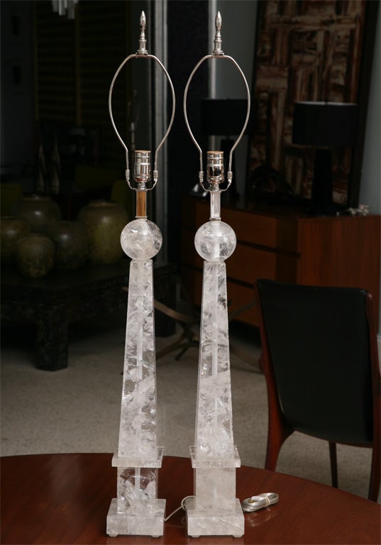 Pair of rock crystal lamps of modified obelisk form.