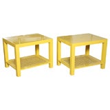 Pair Yellow Lacquer Side Tables with Caned Shelves