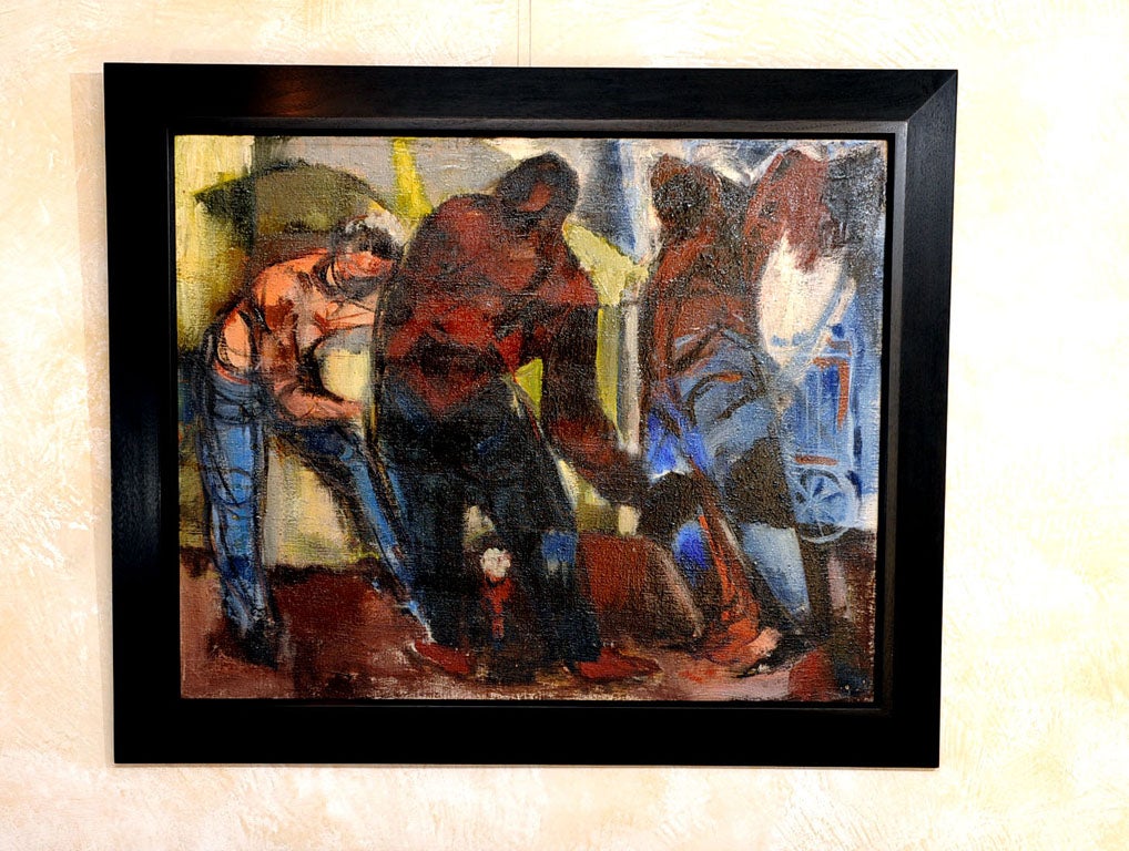 A bold graphic oil on canvas painting of muscular circus workers setting up tent with caged wagon in background, in ebonized walnut frame