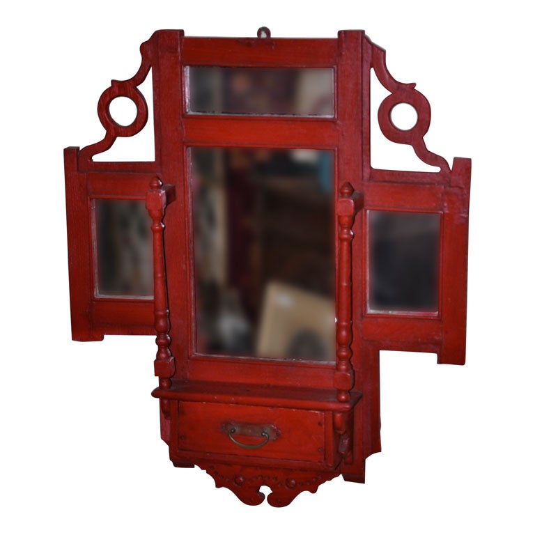 Carved Wood Wall Piece with Mirrors, Drawer, and Shelf