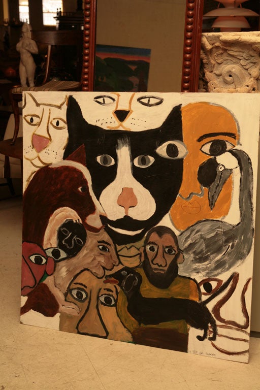 Large painting by outsider artist Earl Swanigan, acrylic on plywood depicting cats, dogs, bird and people jigsaw-puzzle fashion