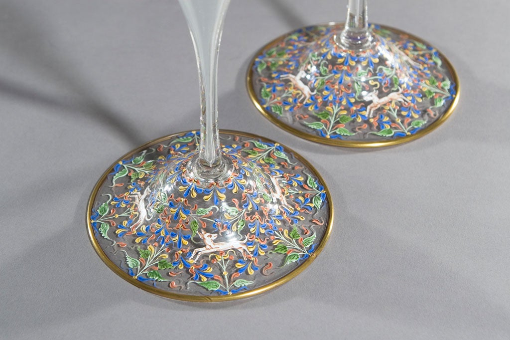 Set of 4 Salviati Hand Blown Venetian Candlesticks Hand Painted Enamels In Excellent Condition For Sale In Great Barrington, MA