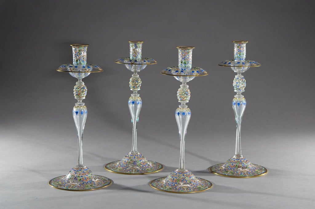 20th Century Set of 4 Salviati Hand Blown Venetian Candlesticks Hand Painted Enamels For Sale