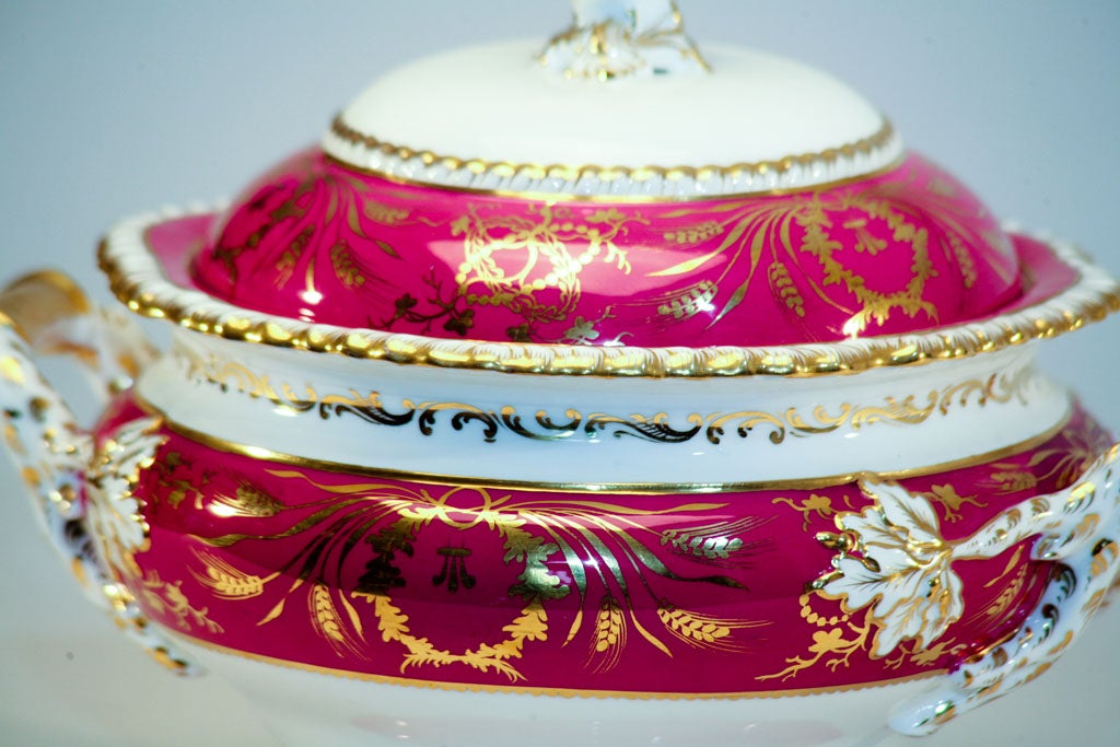 English Magnificent 19th C Coalport Raspberry Ground Soup Tureen