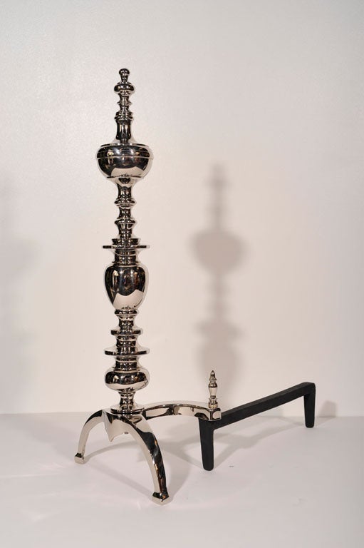Pair of Polished Nickel Baluster Andirons
