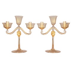 A Pair of Murano Glass Candelabras with 24 Karat Gold Inclusions