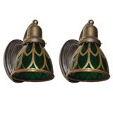Beautiful Pair of Patinated Brass and Bent Green Glass Sconces