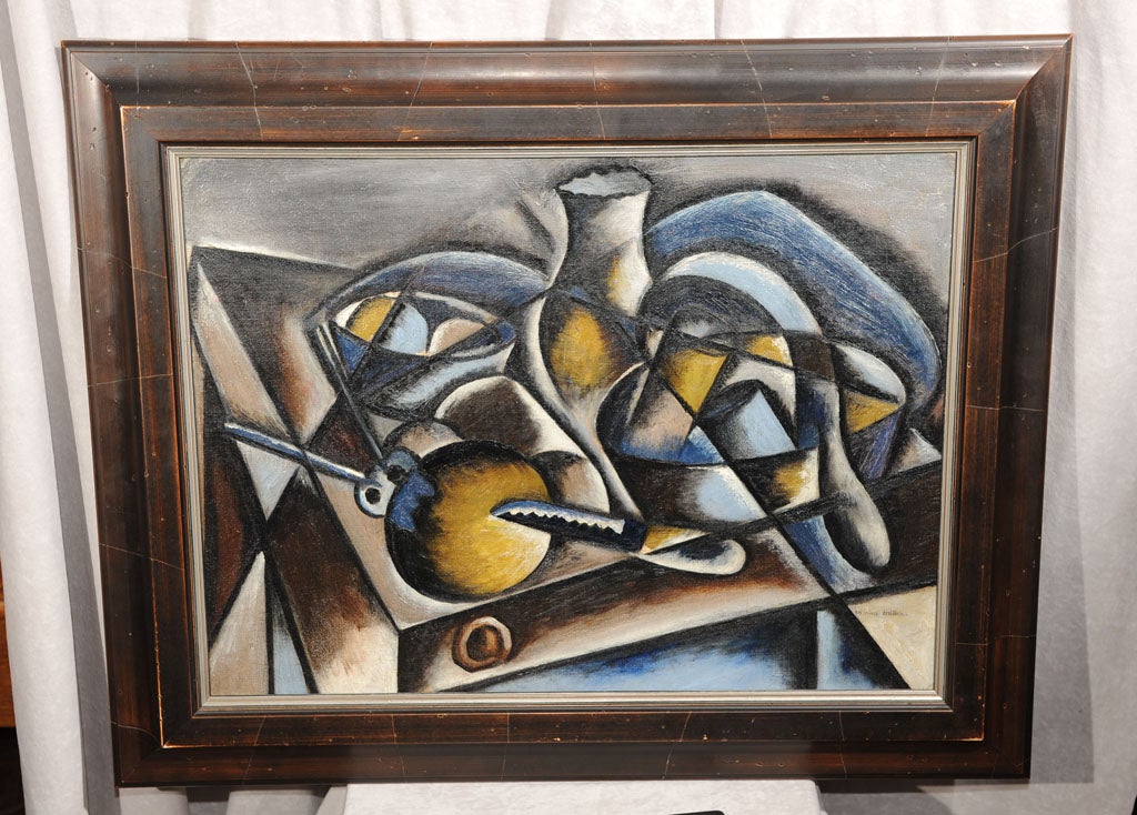 This is a very rare and early American cubist painting by modern artist Marion Miller.  This is a purist work of cubism.  Painted around 1915 - extremely early for cubist art - this is a brilliant contrast of color and form, enriched with a darker