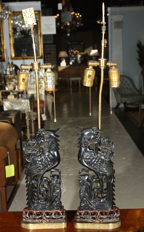 Pair AMBER Carved Chinese Dragon Lamps - custom bases