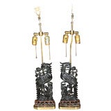 Antique Pair AMBER Carved Chinese Dragon Lamps - custom bases