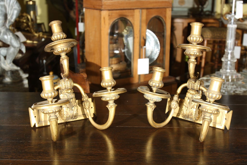 Pair Dore Bronze Candlestick Sconces