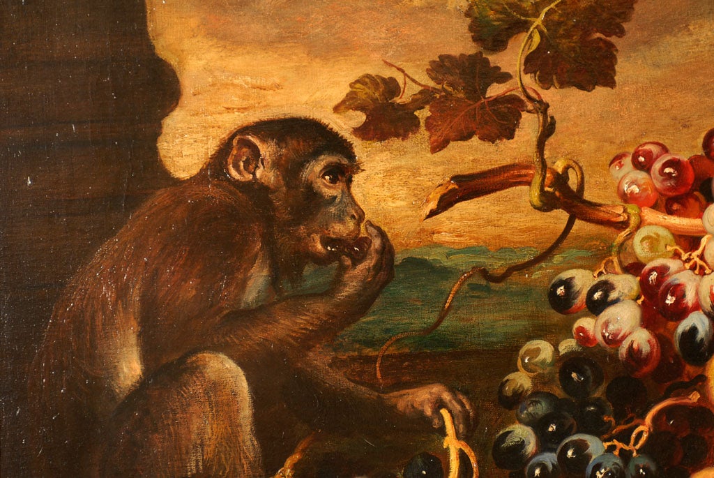 19th Century Oil on Canvas -- Still Life with Parrot & Monkey