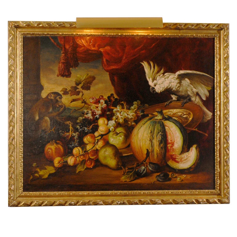 Oil on Canvas -- Still Life with Parrot & Monkey