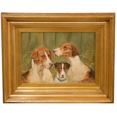 English 1913 Oil on Canvas Animal Painting of Three Dogs in Giltwood Frame