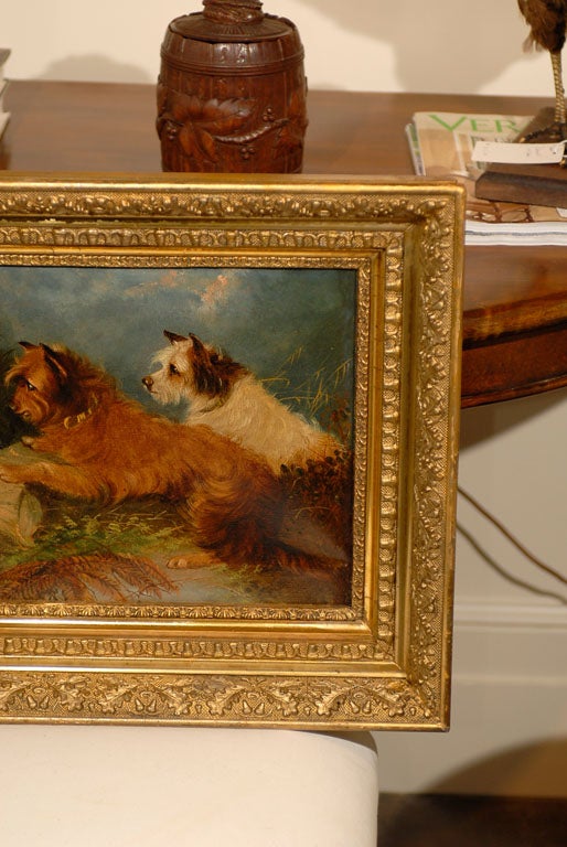 Small English 19th Century Framed Oil on Canvas Painting of Two Terriers Dogs In Good Condition In Atlanta, GA